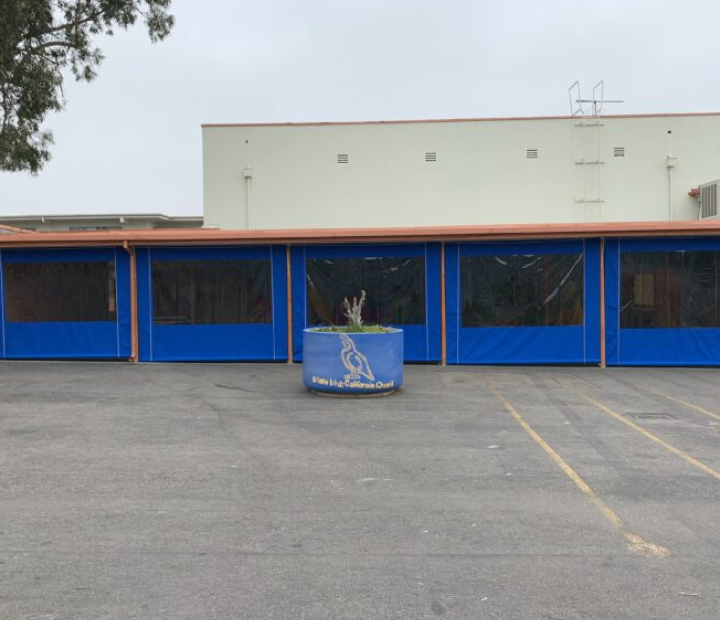 Blue-framed mesh drop-down shades on a patio, Ventura County