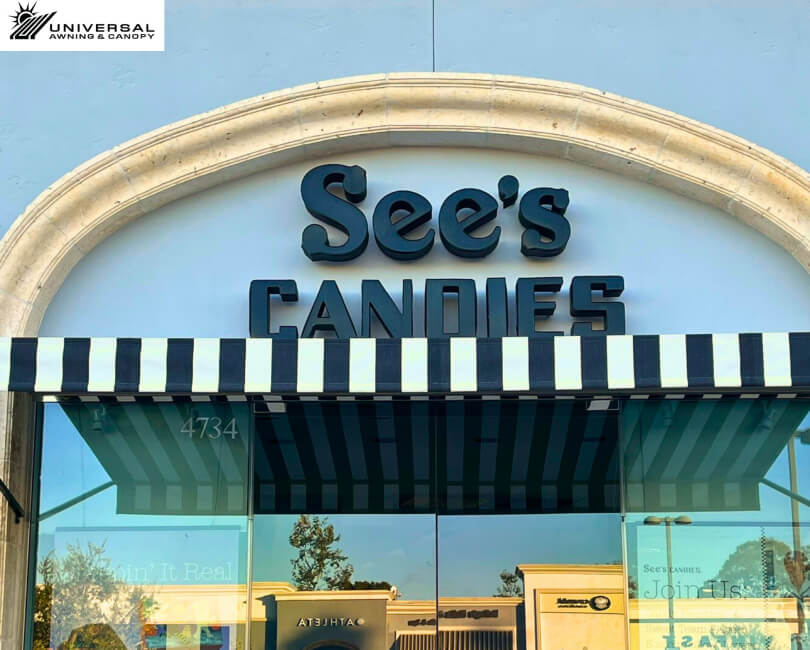 Fixed fabric awning at See's Candies