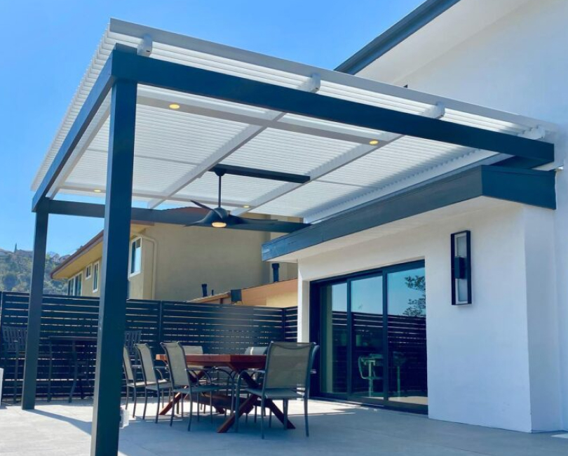 White aluminum trellis with a translucent patio roof, Ventura County