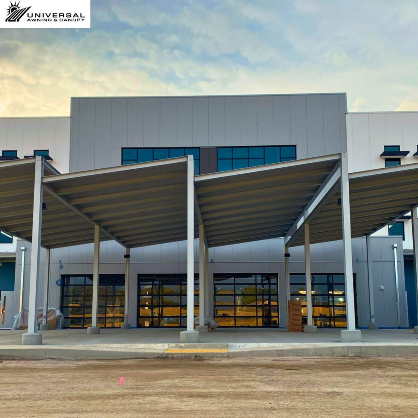 Large metal canopy system at a commercial or institutional building