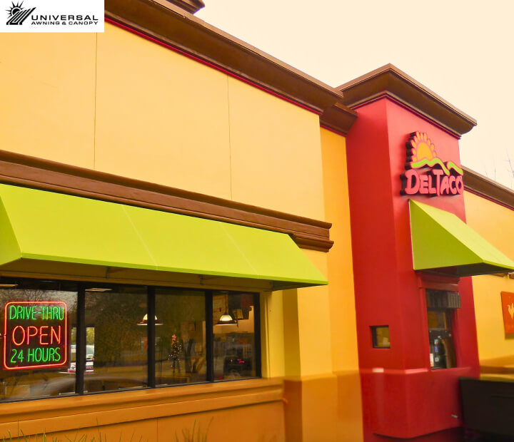 Fixed fabric awning at Del Taco