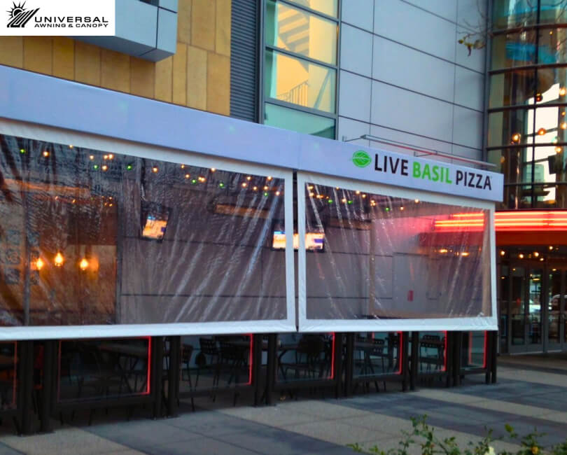 Retractable fabric awning at Basil Pizza