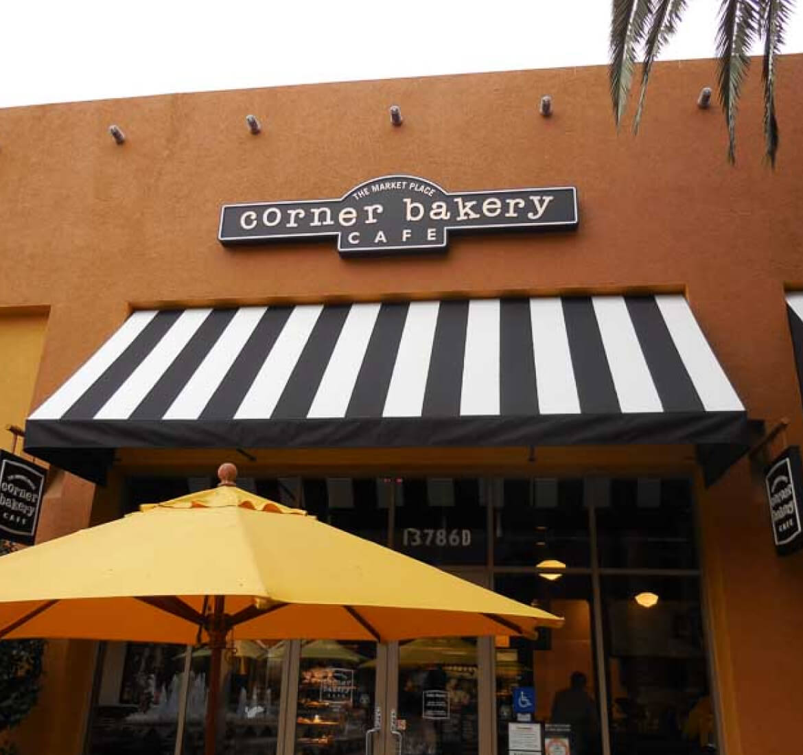 Striped fabric awning at Corner Bakery Cafe, Ventura County