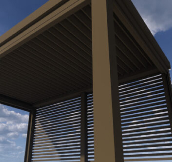 Interior cabana rendering with roof and side louvers, Los Angeles