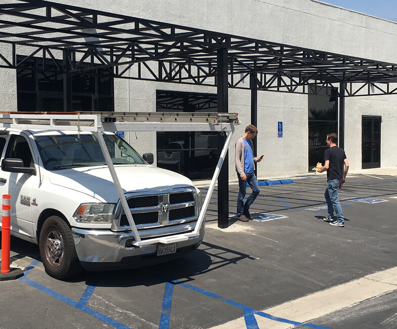 Fixed fabric patio awning at a restaurant, Los Angeles, alternate project view