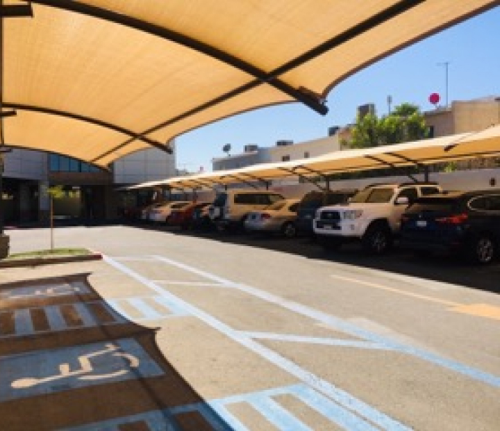 Fabric parking canopies covering a full parking row, Riverside County