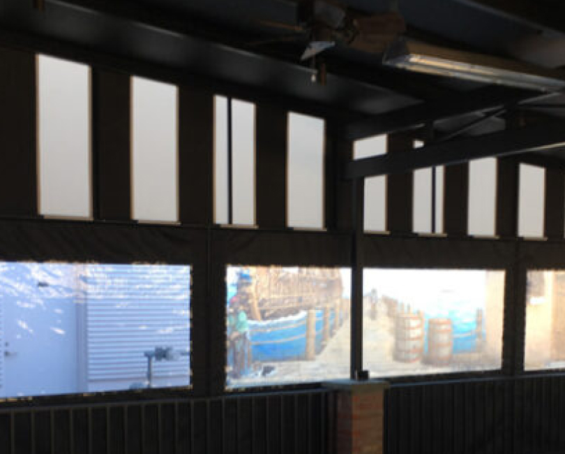 Black patio curtains with clear lower windows, Orange County