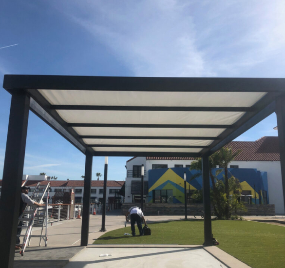 Freestanding metal trellis with translucent roof panels, Riverside County