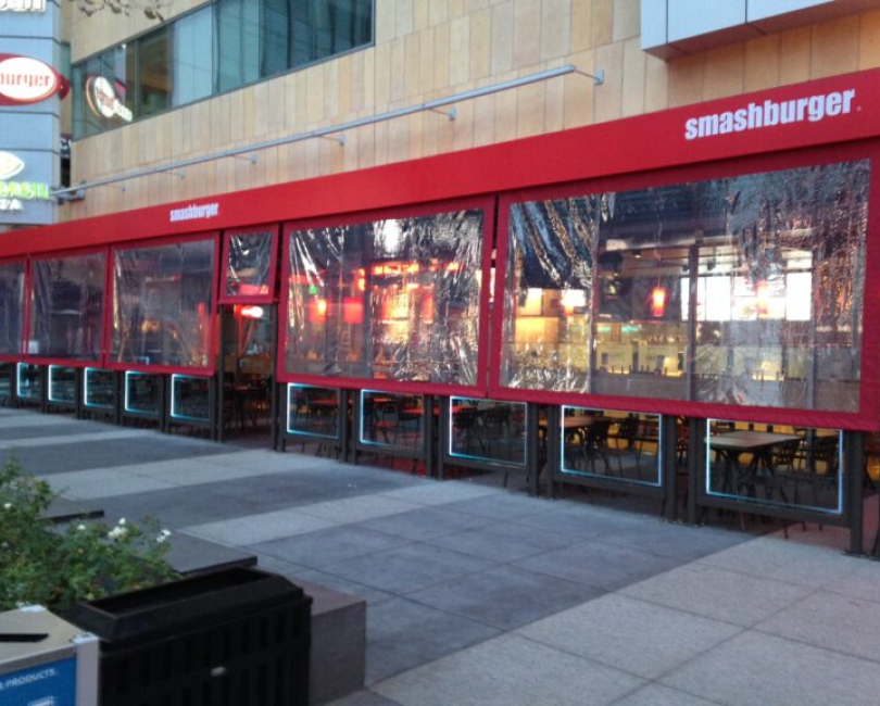 Clear restaurant drop-down shades at Smashburger, Ventura County