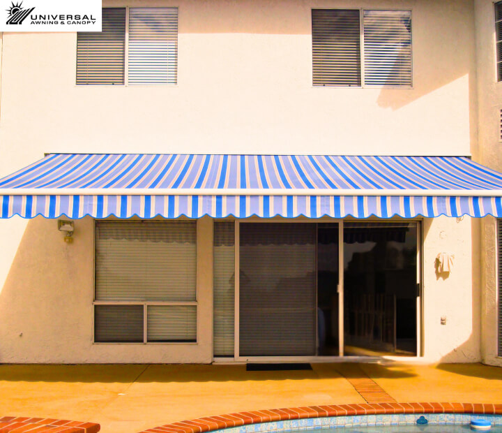 Retractable fabric awning at a hotel property