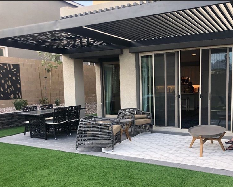 Decorative aluminum trellis over an outdoor dining area, Ventura County