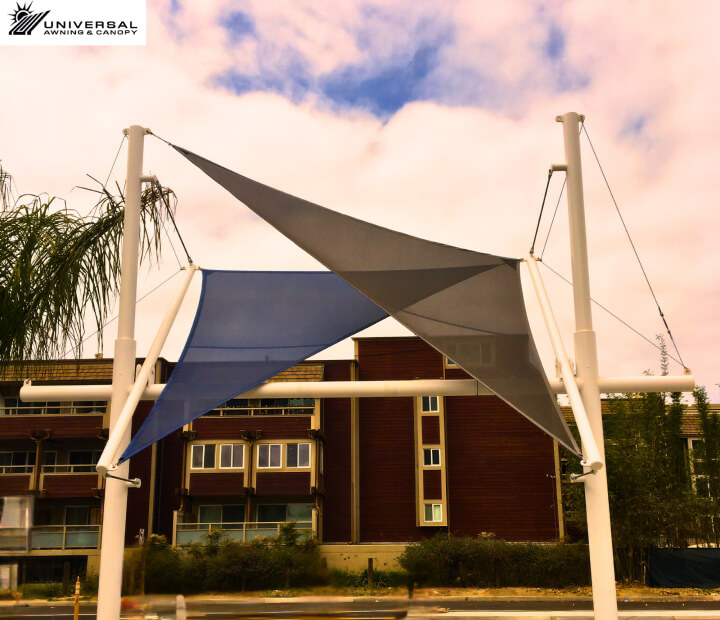 Tensioned shade sail at a commercial property, alternate project view
