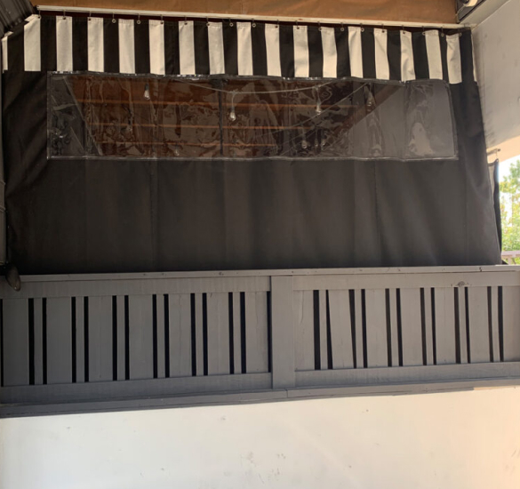 Clear upper patio curtain with a solid lower panel, Orange County