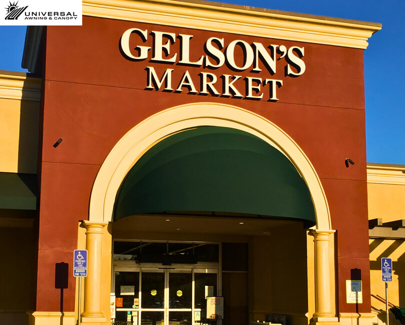 Retractable fabric awning at Gelson's Market, Los Angeles