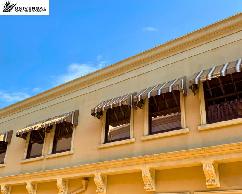 Fixed fabric awning at a hotel property