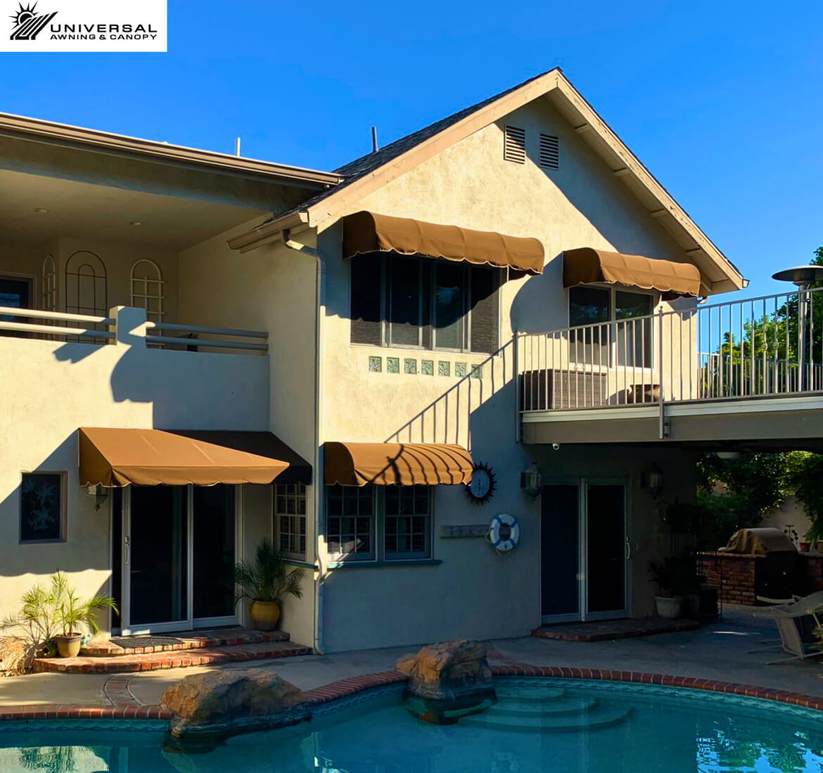 Fixed fabric awning at a residential property, alternate project view
