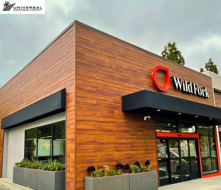 Metal awning at Wild Fork, alternate project view