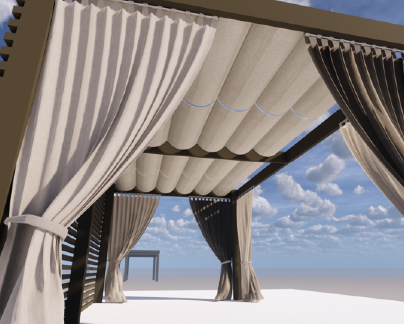 Cabana rendering with gathered roof panels and curtains, Los Angeles