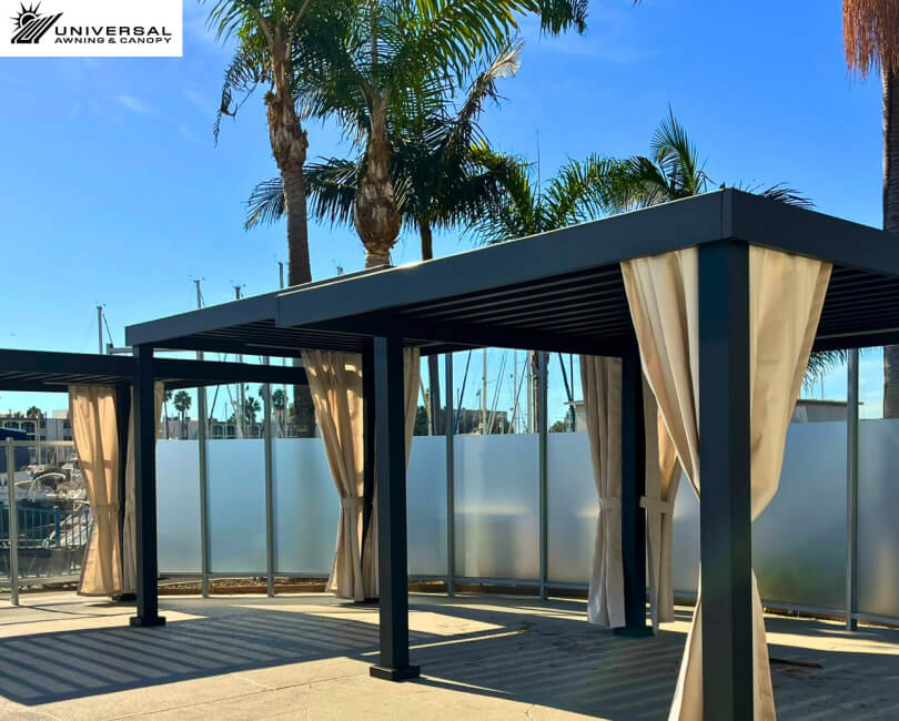 Self-standing shade structure at a hotel property, installation view