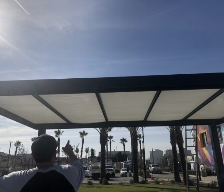 Metal trellis with translucent roof panels, Riverside County