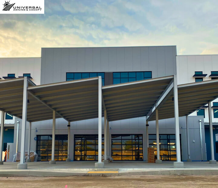 Self-standing shade structure at a commercial property, alternate project view