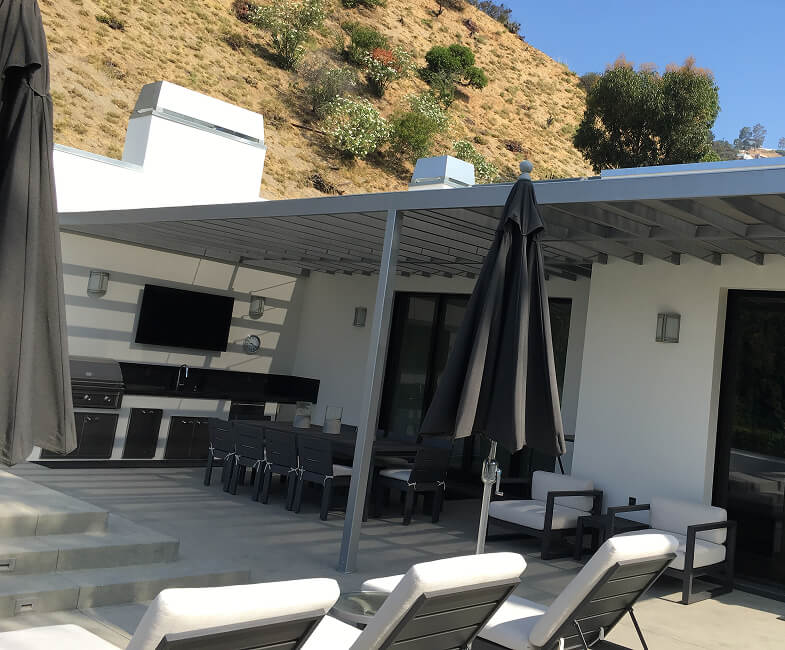 Fixed fabric patio awning at a restaurant, Los Angeles