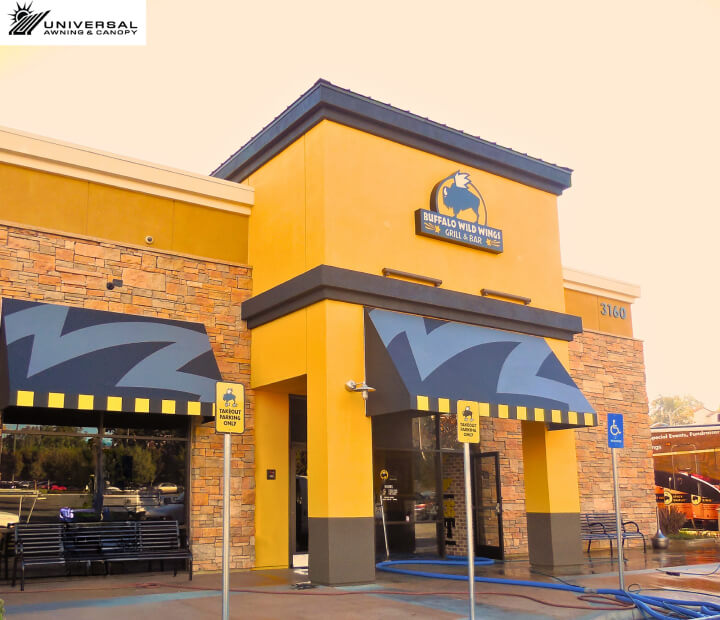 Fixed fabric awning at Buffalo Wild Wings, alternate project view