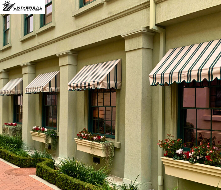 Fixed fabric awning at a hotel property, installation view