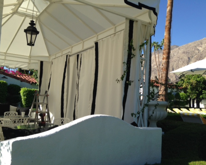 Fabric cabana with tied-back privacy curtains, Ventura County