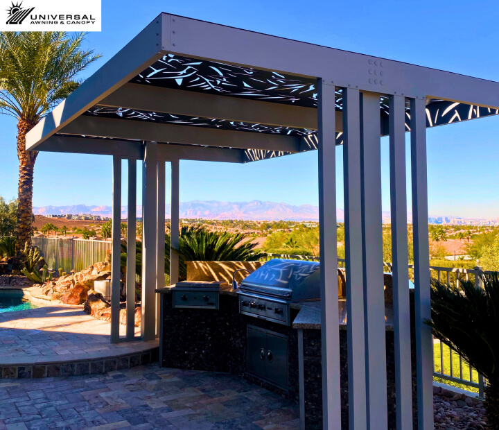Self-standing shade structure at a residential property, installation view