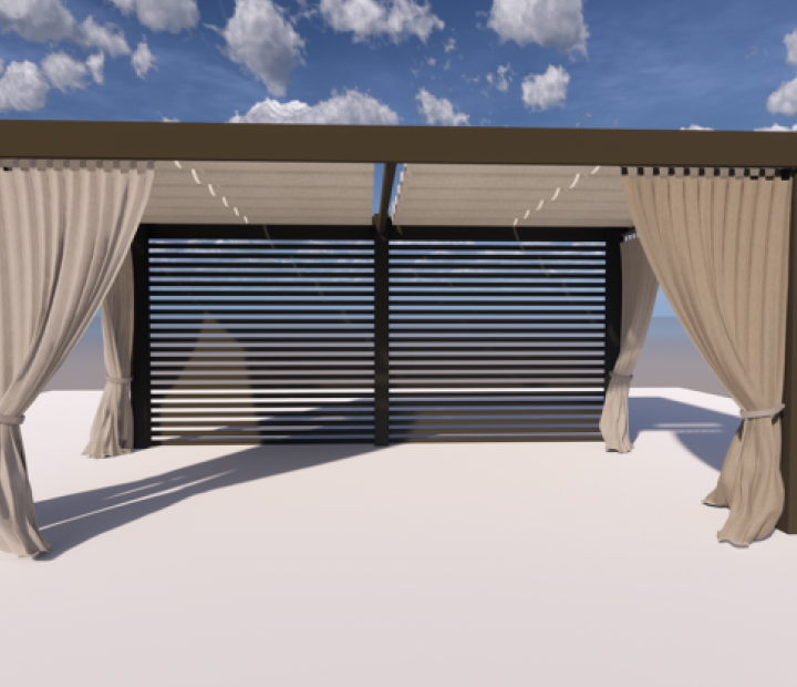 Cabana rendering with privacy louvers and tied curtains, Los Angeles