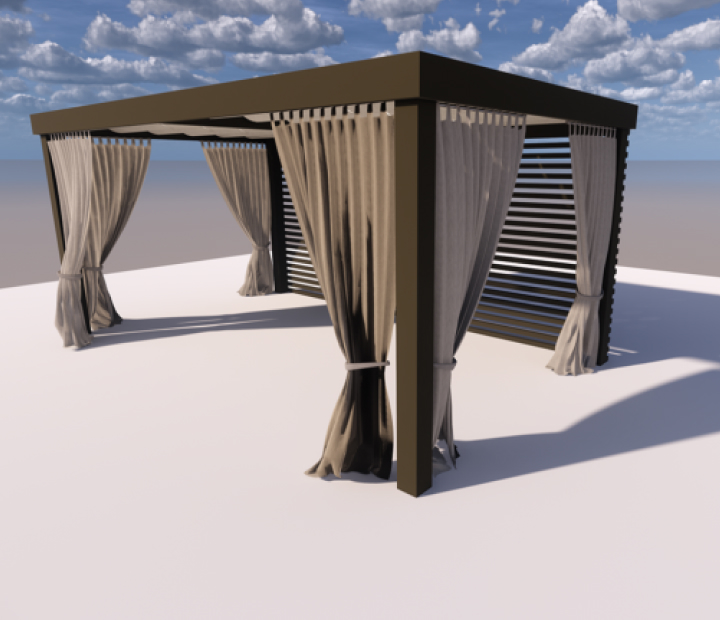 Freestanding cabana rendering with curtains and louvers, Los Angeles