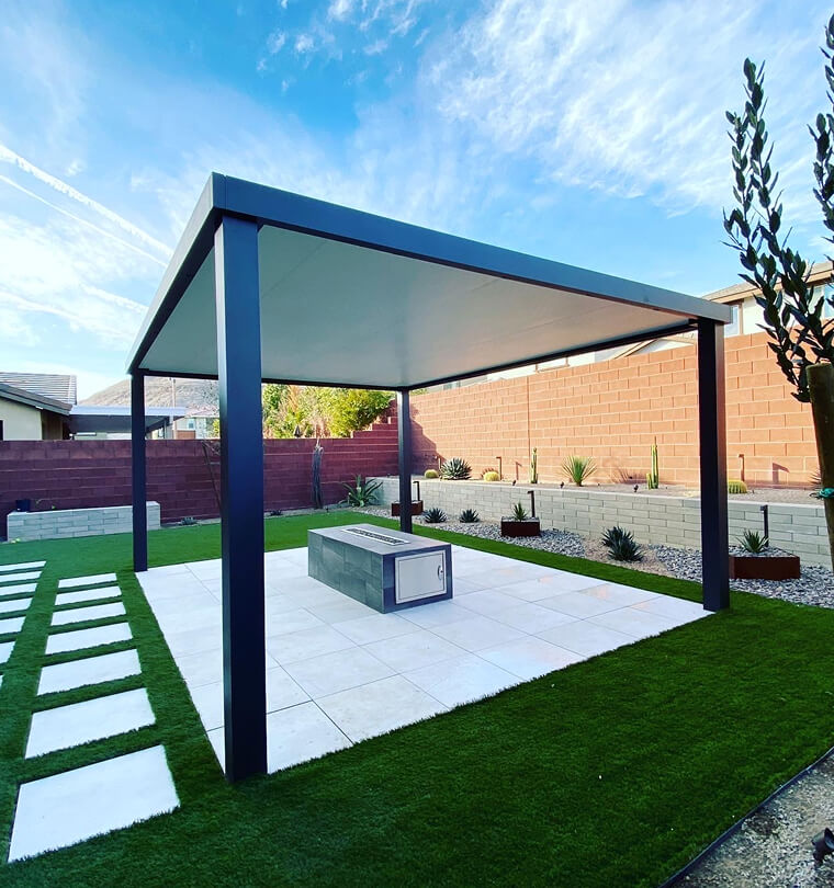 Self-standing corporate pergola with retractable roof, Orange County