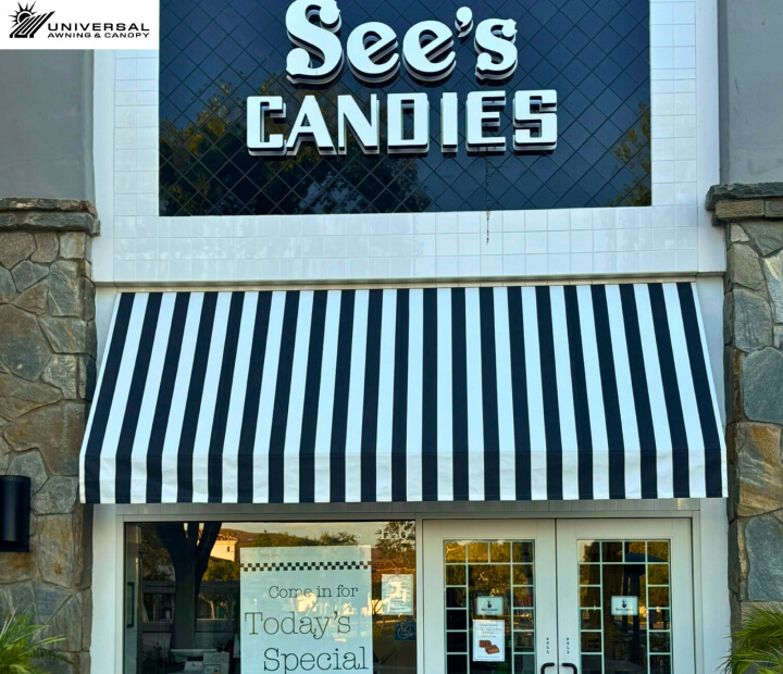 Fixed fabric awning at See's Candies, alternate project view